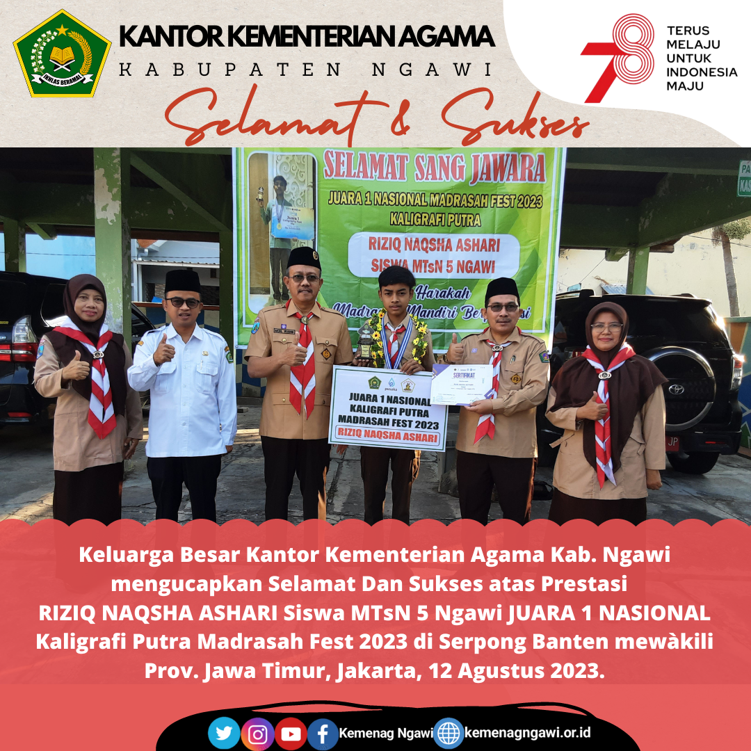 Riziq Naqsha Ashari Siswa MTsN 5 Ngawi juara 1 Kaligrafi Madrasah Fest