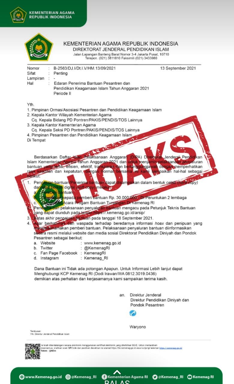 Beredar Edaran Penerima Bantuan Pesantren, Kemenag: Hoaks